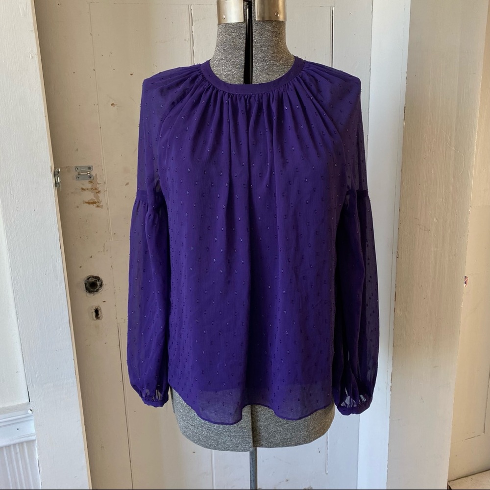 Michael Kors Purple Shimmer Cut Swiss Dot Peasant Top